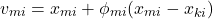 \[v_{mi}=x_{mi}+\phi_{mi}(x_{mi}-x_{ki})\]