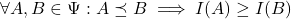 \forall A, B \in \Psi: A\preceq B\implies I(A)\ge I(B)